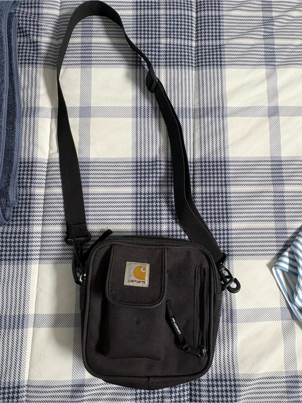 Carhartt WIP Black Crossbody Shoulder Bag with Tan Logo Patch